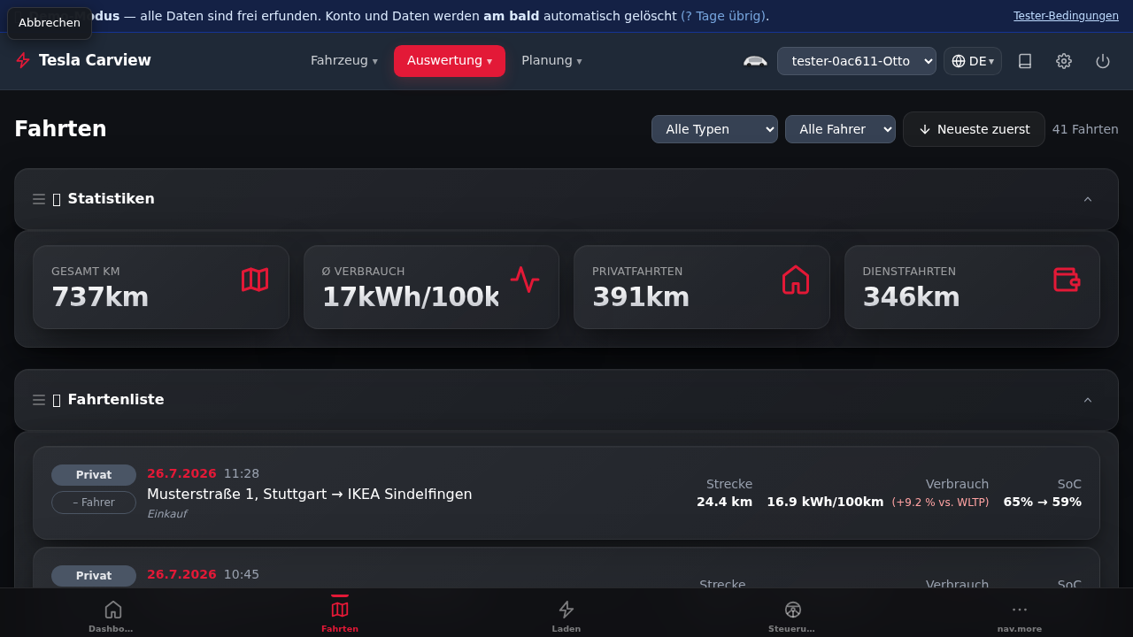 Tesla Carview Fahrtenbuch im Tesla-Browser